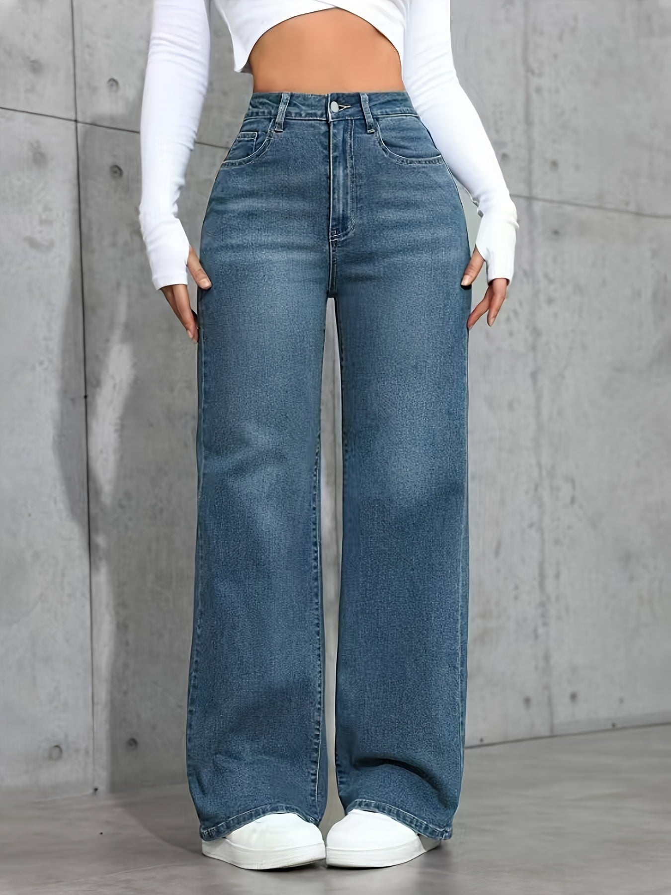 Fashion versatile blue high-waisted stretchy loose straight-leg Women's denim trousers./MH