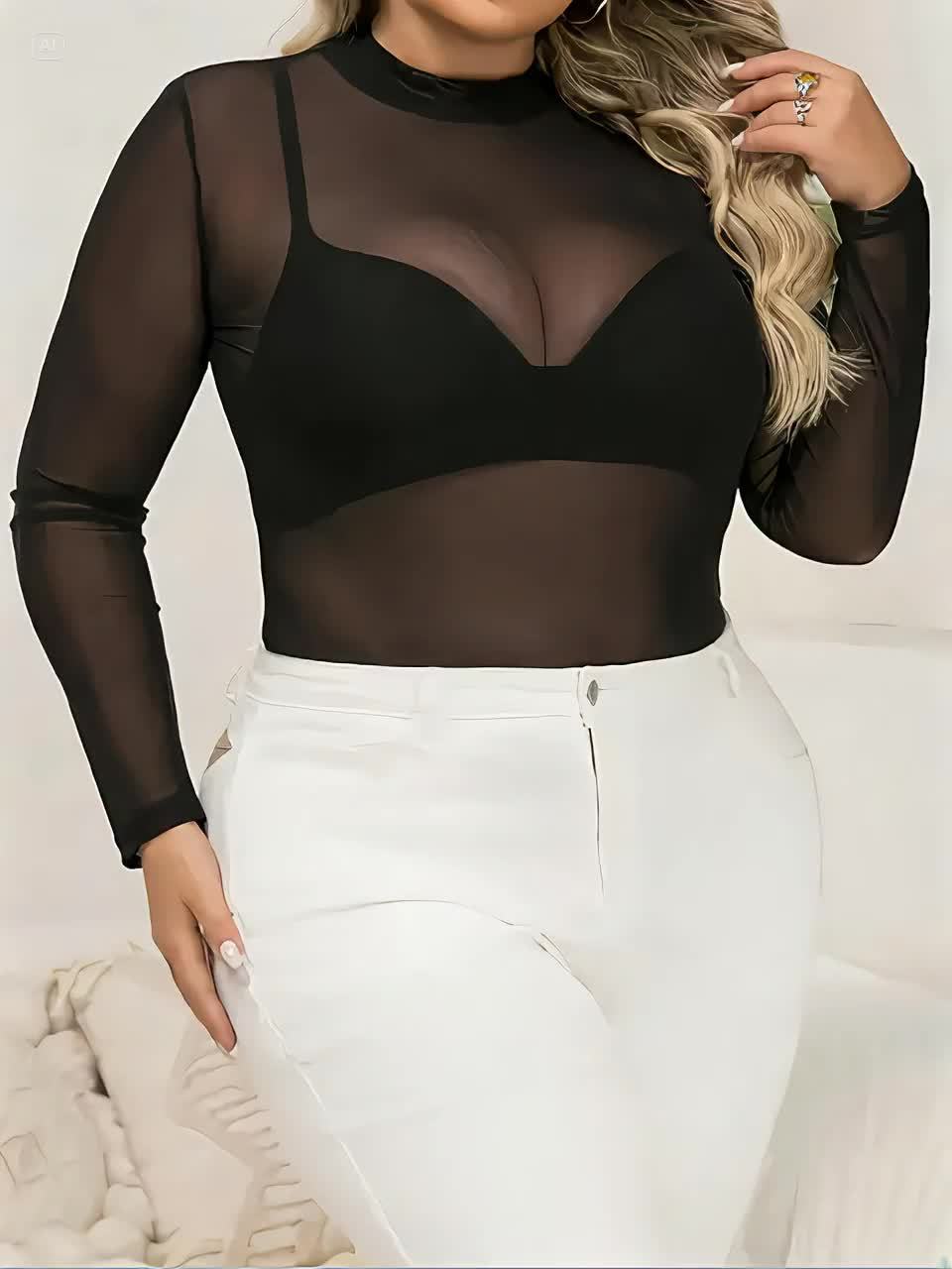 Elegant Plus Size Women's Sheer Mesh Long Sleeve ,/MH