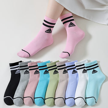 10 Pairs Women'S Fashion Striped Solid Color Short Socks,/MH