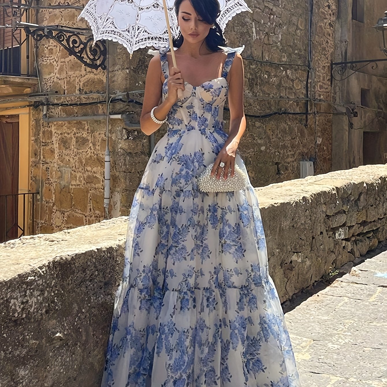 Elegant French Floral Off-Shoulder Long Dress - /MH