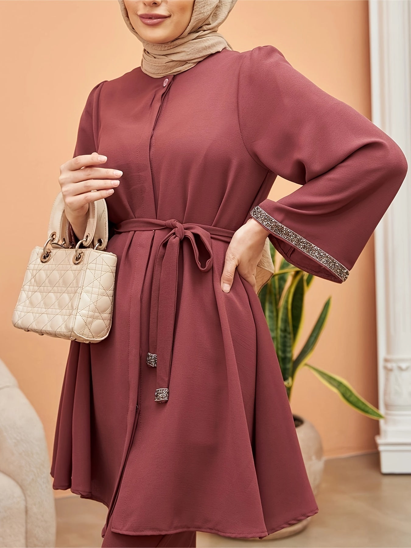 Contrast Trim Belted Button Front Kaftan Shirt, /MH
