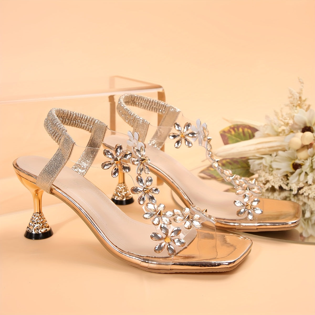 Elegant Golden Floral Rhinestone High Heel Sandals for Women ./MH