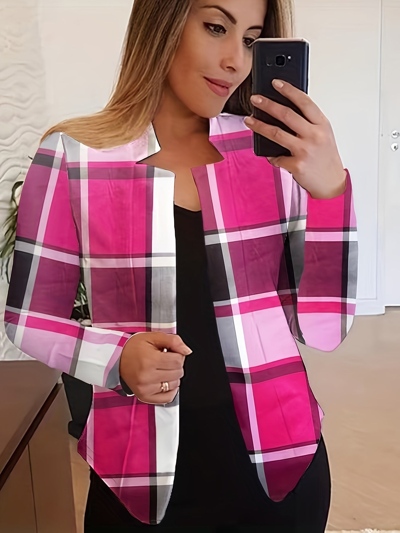 Plaid Print Open Front Blazer, Elegant Long Sleeve .