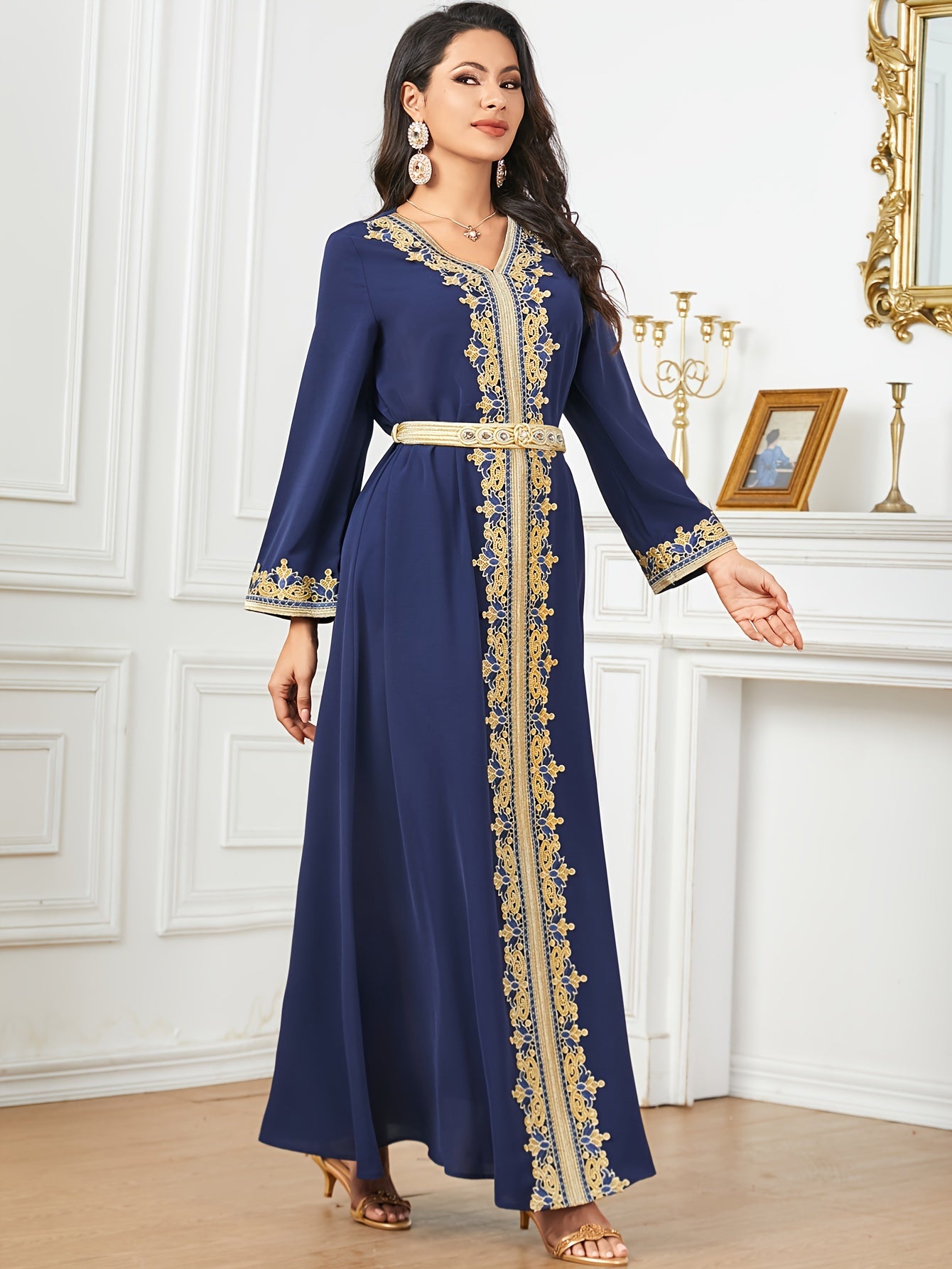 Contrast Lace V-neck Kaftan Dress, Elegant Long Sleeve'/MH