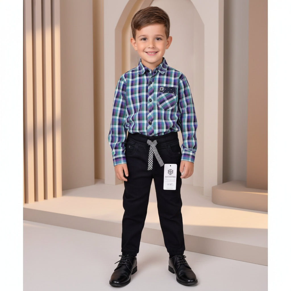 Smart Checkered Shirt with Denim Pants Kids Outfit Set