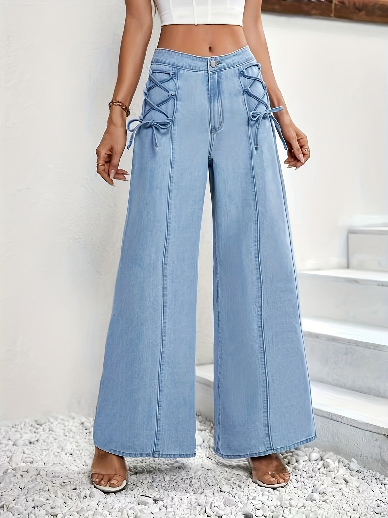 Stretch Front Tie Wide-Leg Jeans - A Stylish and Vintage- /MH