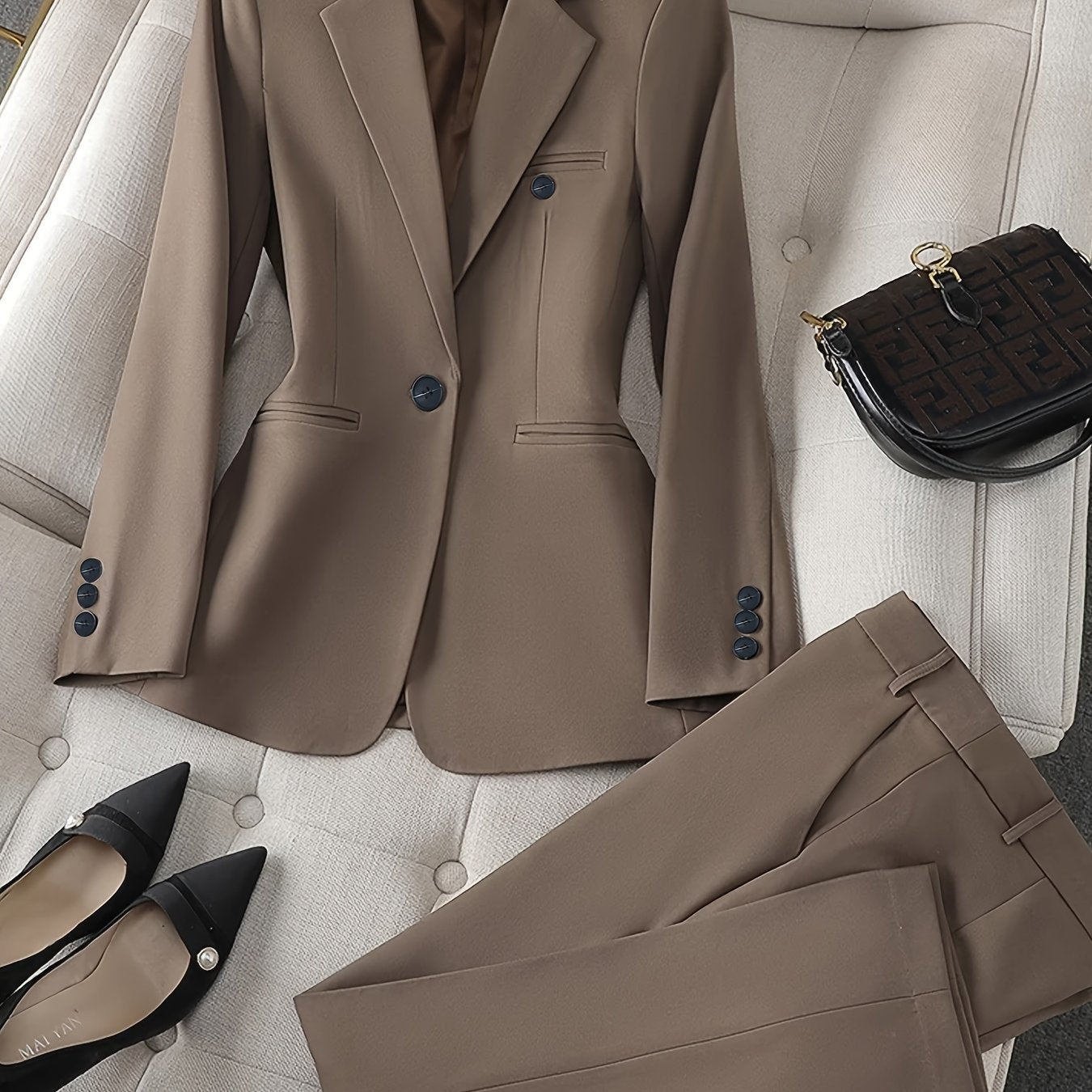 Plain Color Elegant Suit Set, Single Breasted Long Sleeve Blazer.