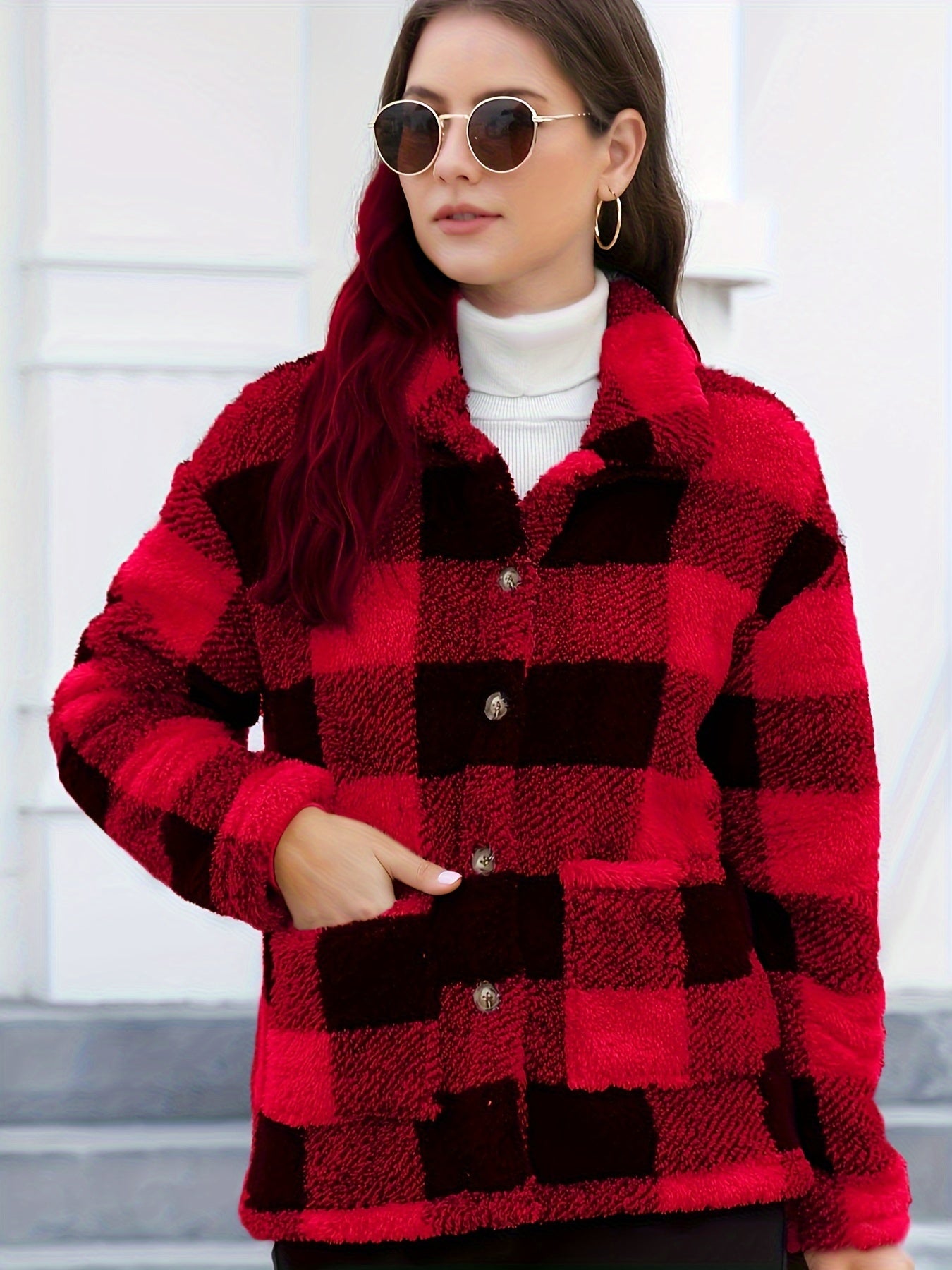 Long Sleeve Plaid Print Teddy Coat with Patched Pockets - Soft, Warm,