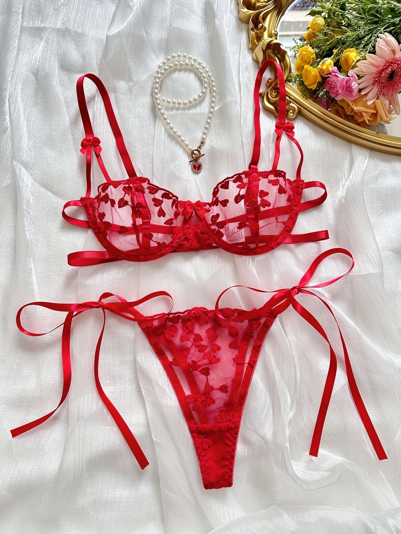 Heart Embroidery Lingerie Set, Mesh Unlined Bra & Strappy Thong,/MH