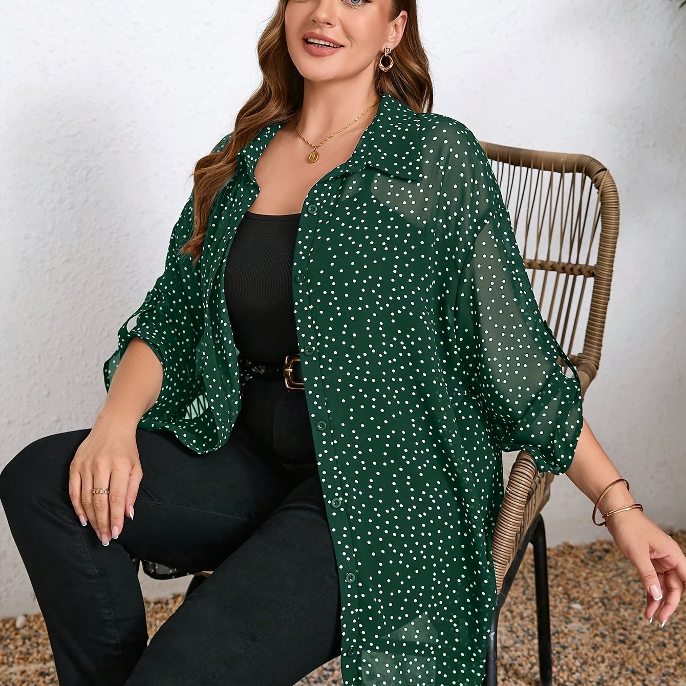 Chic Plus Size Polka Dot Blouse with Cuffed Sleeves Button-Up Shirt for Women,