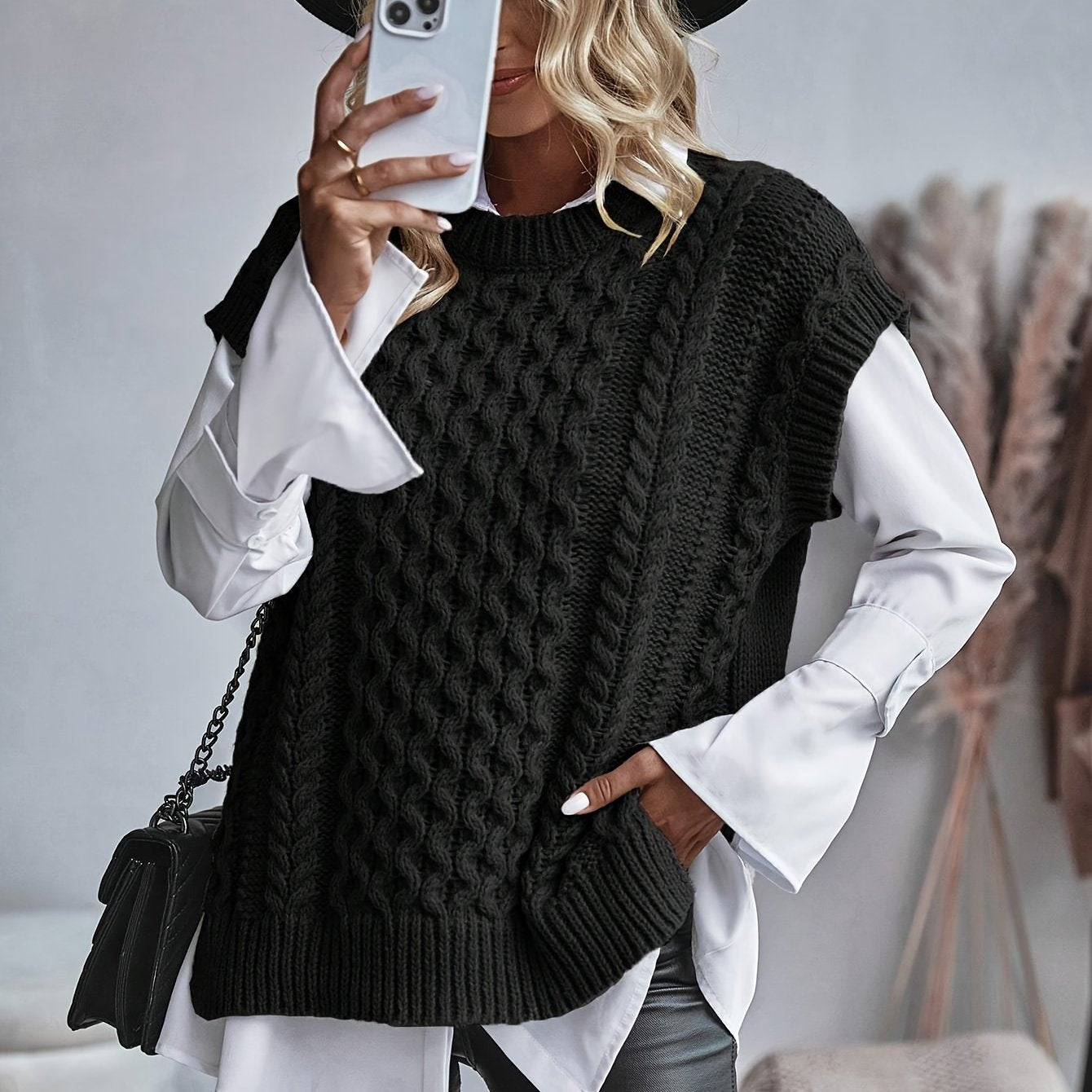 Casual Knitted Vest Top, Round Neck Sweater Hooded Vest,
