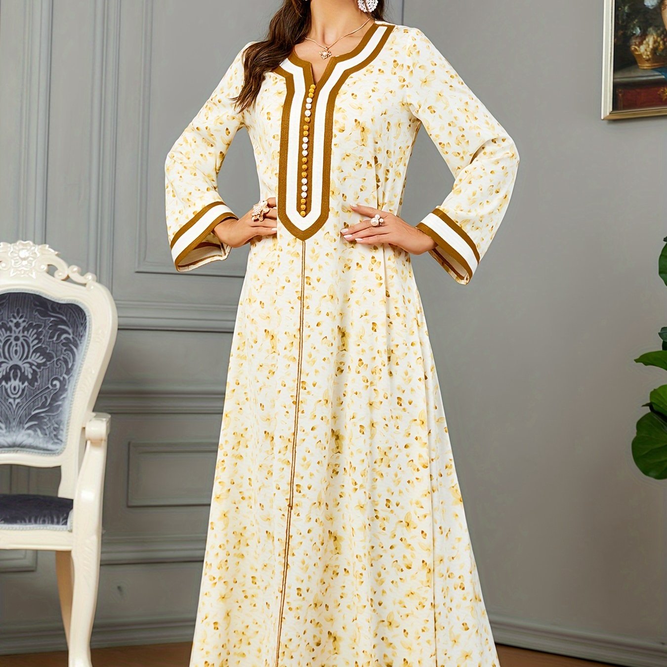 Floral Print Notch Neck Kaftan, Elegant Long Sleeve Maxi women fashion ;/MH