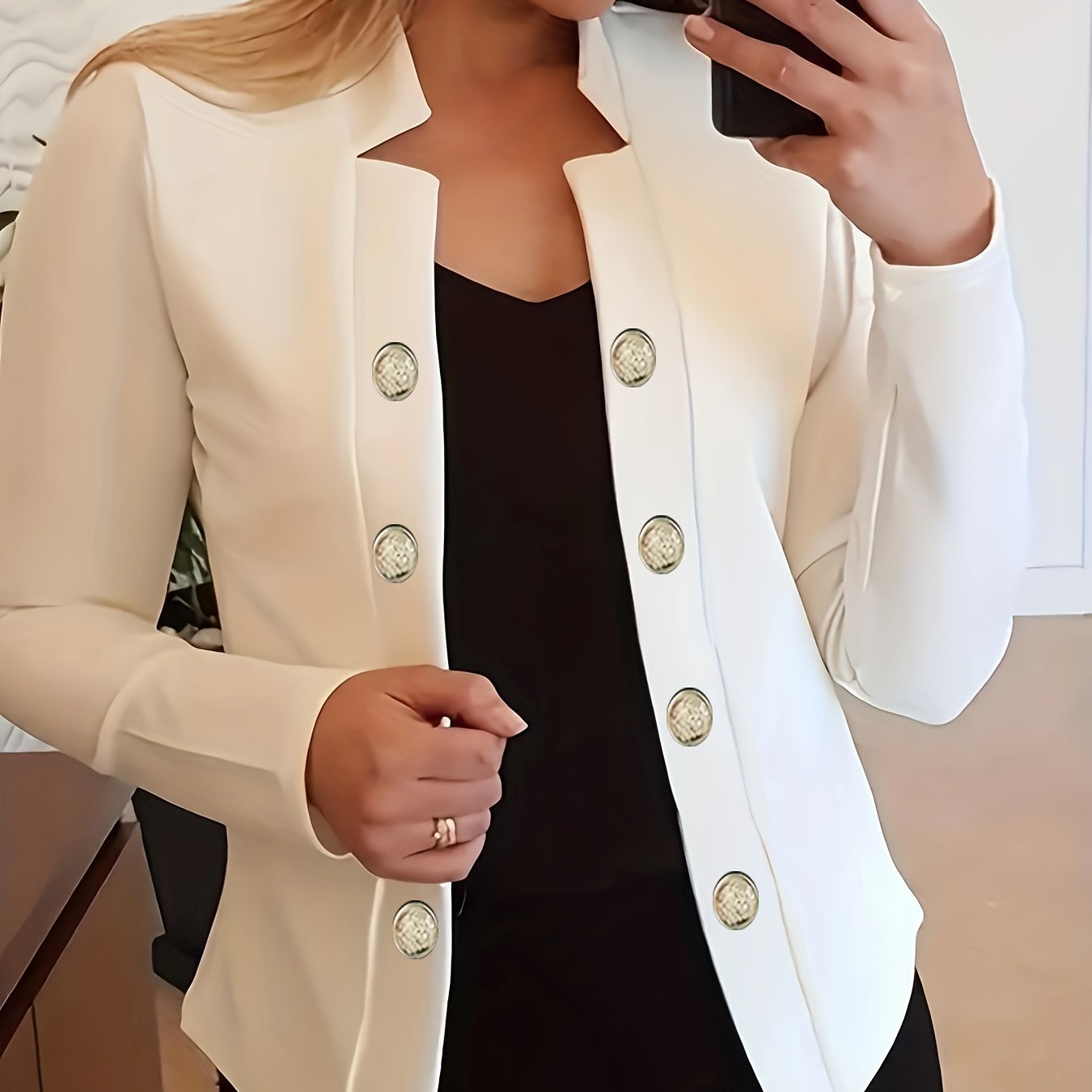 Button Decor Open Front Blazer, Casual Long Sleeve.