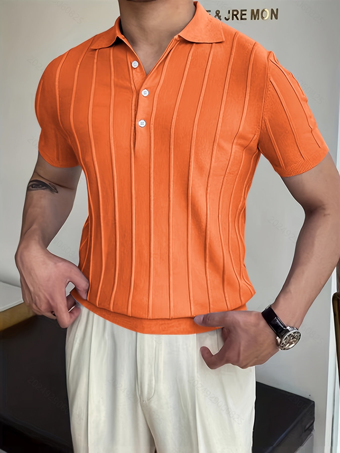 Vertical Striped Chic Shirt, Men's Casual Solid Color High Stretch .