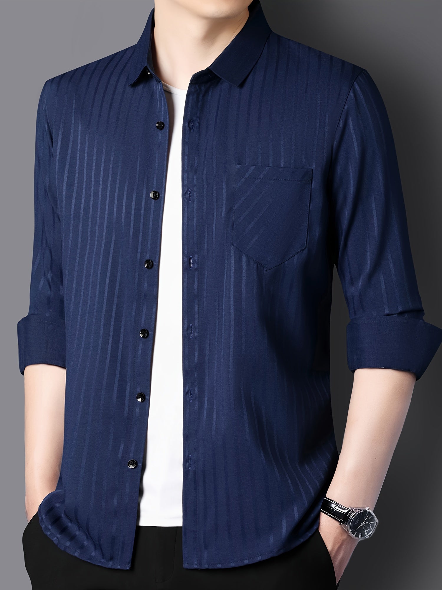 Men's Striped Lapel Collar Design Dress Shirts, Long Sleeve.