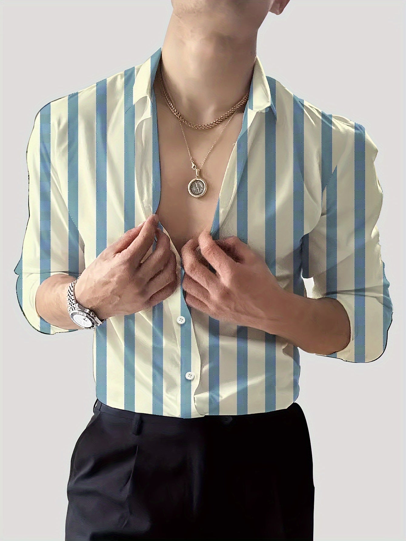 Men's Striped Lapel Collar Dress Shirts, Long Sleeve .
