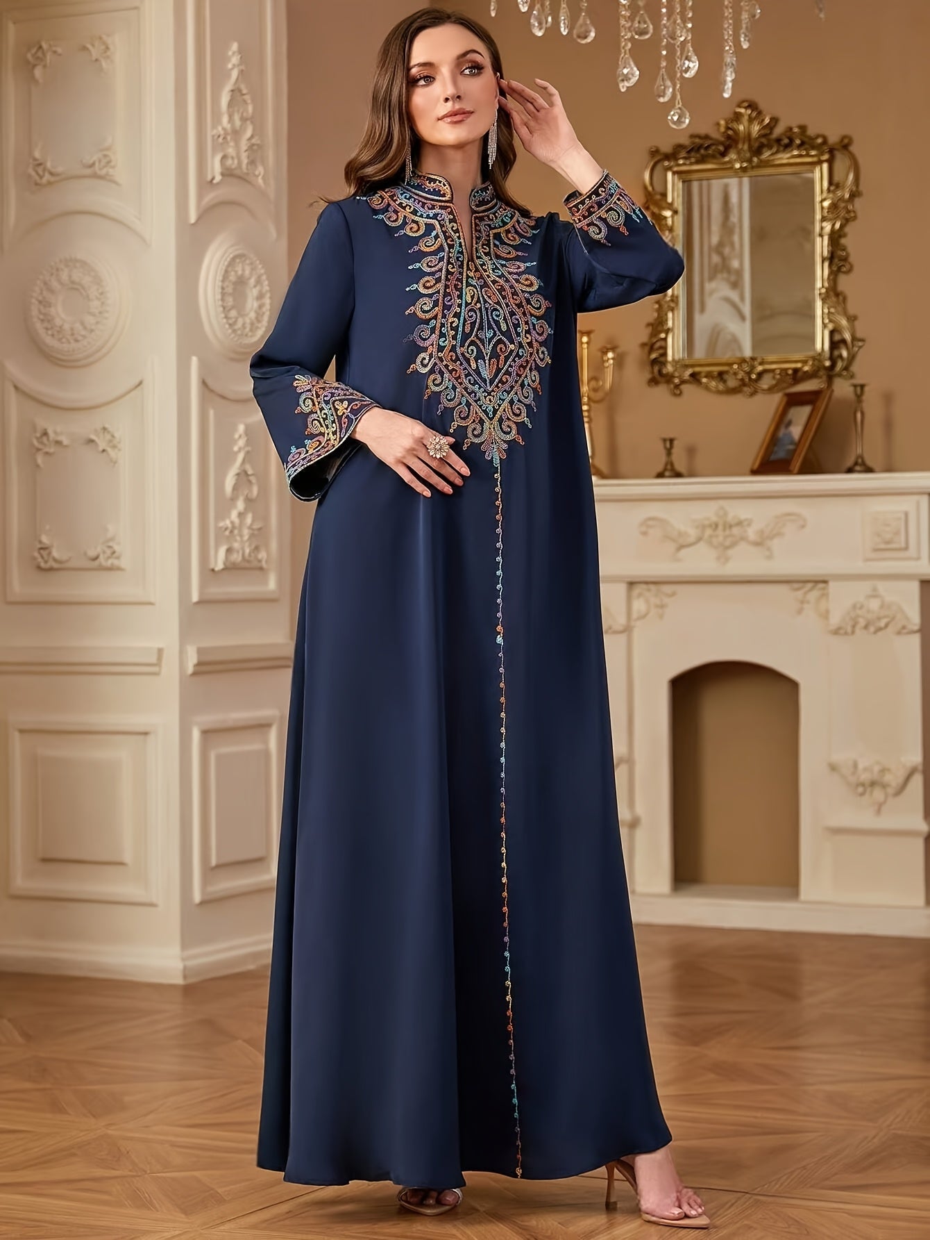 Elegant Light Blue Abaya with Intricate Floral Patterns - Long Sleeve, V-Neck, /MH