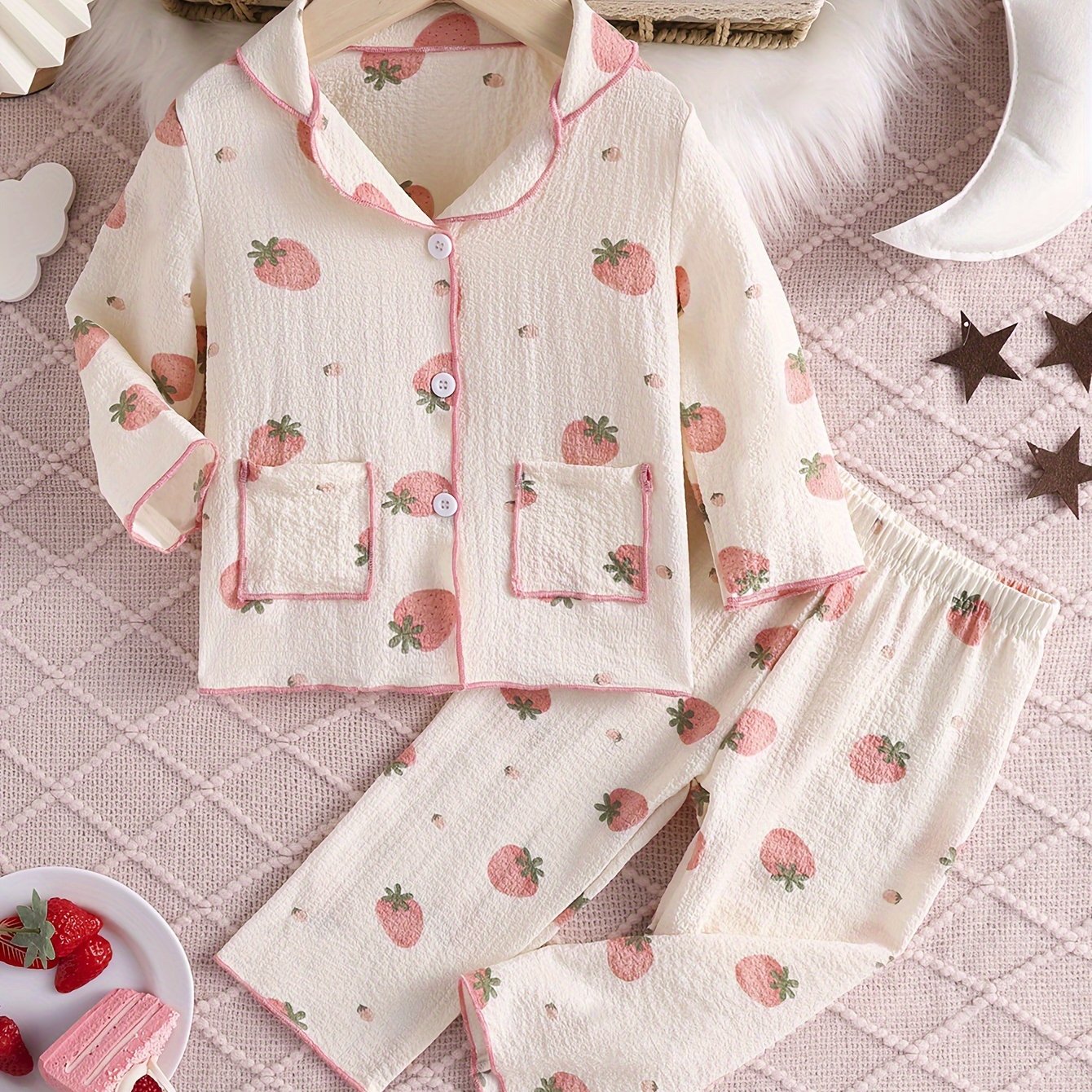 2 Pcs Baby Girls Cute Strawberry Pattern Long Sleeve Shirts & Pants Pajama Set,
