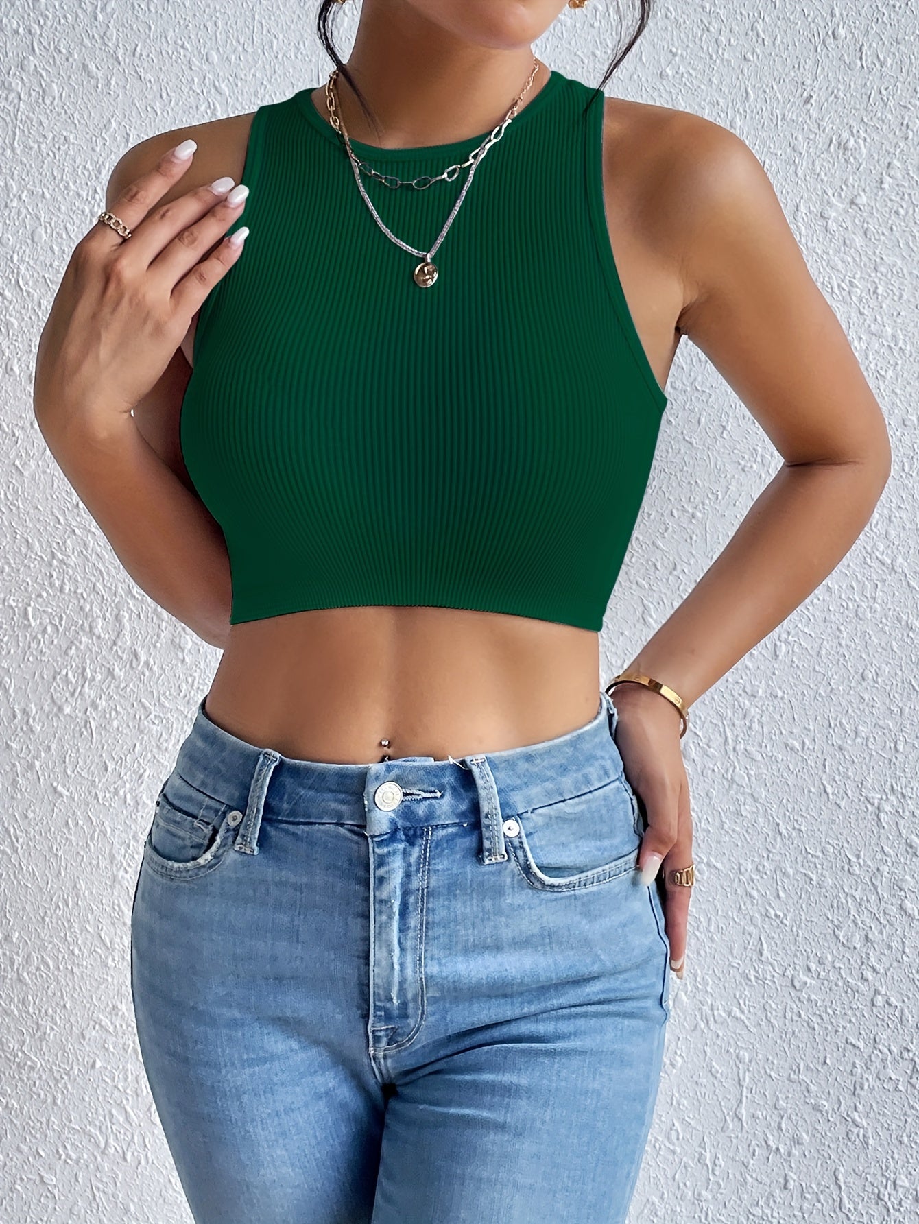 Solid Ribbed Crop Tank Top, Casual Sleeveless Basic Summer Top, Women's Clothing