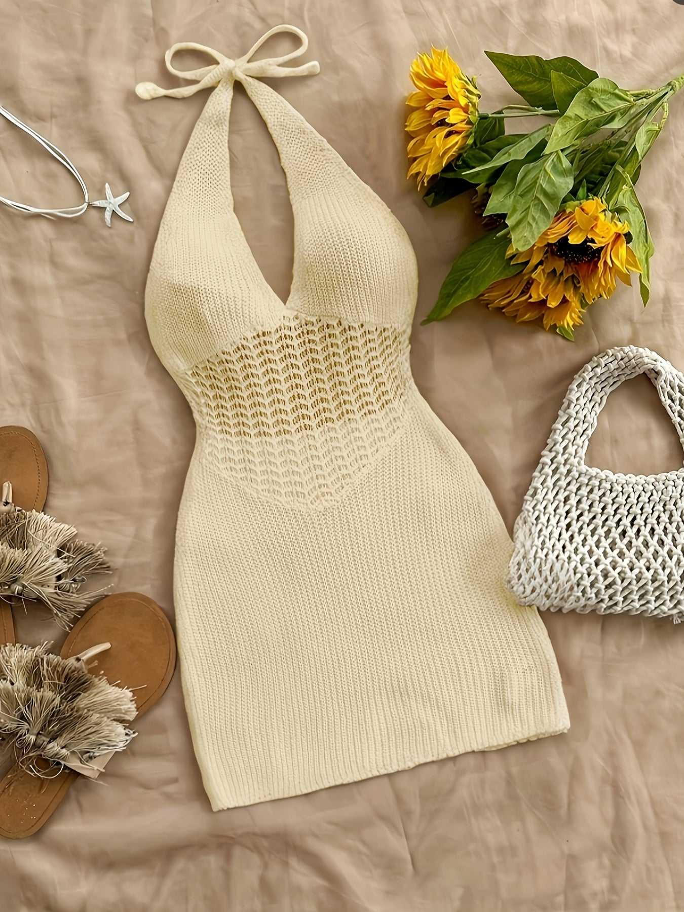 Stylish Vacay Knit Cover Up Dress - Rash Guard Shirts for Women with Halter Tie Neck and Backless Design, Swimwear and Beachwear Clothing for Summer Vacation