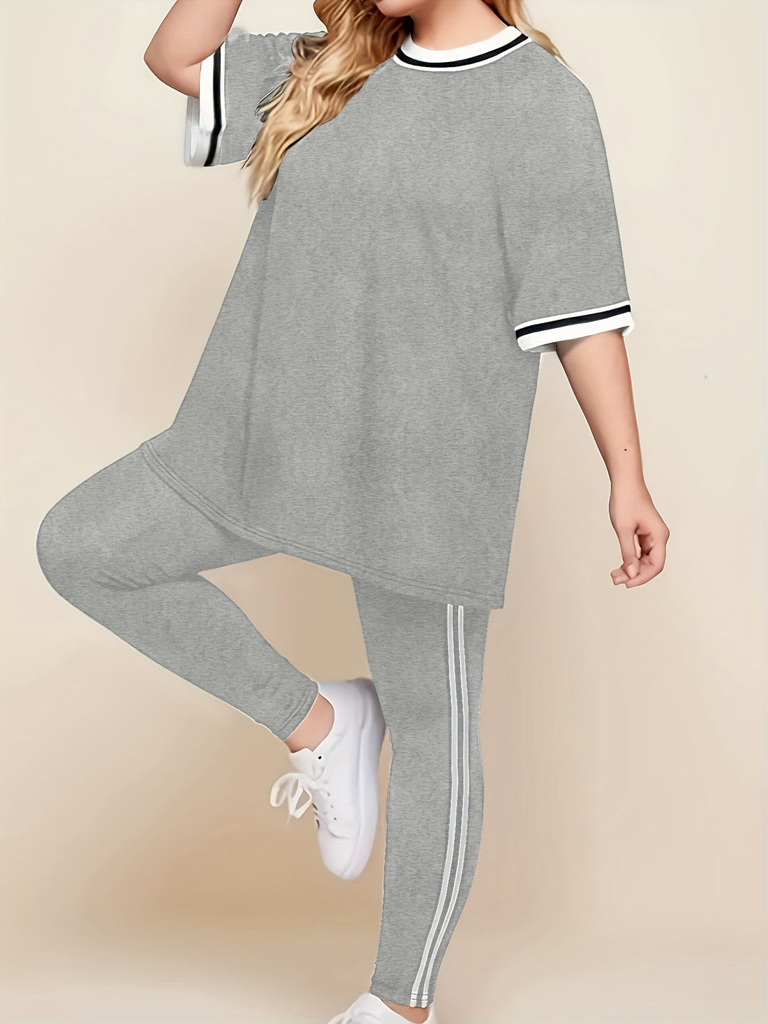 Women'S Plus Size Casual Lounge Set - Gray & White
