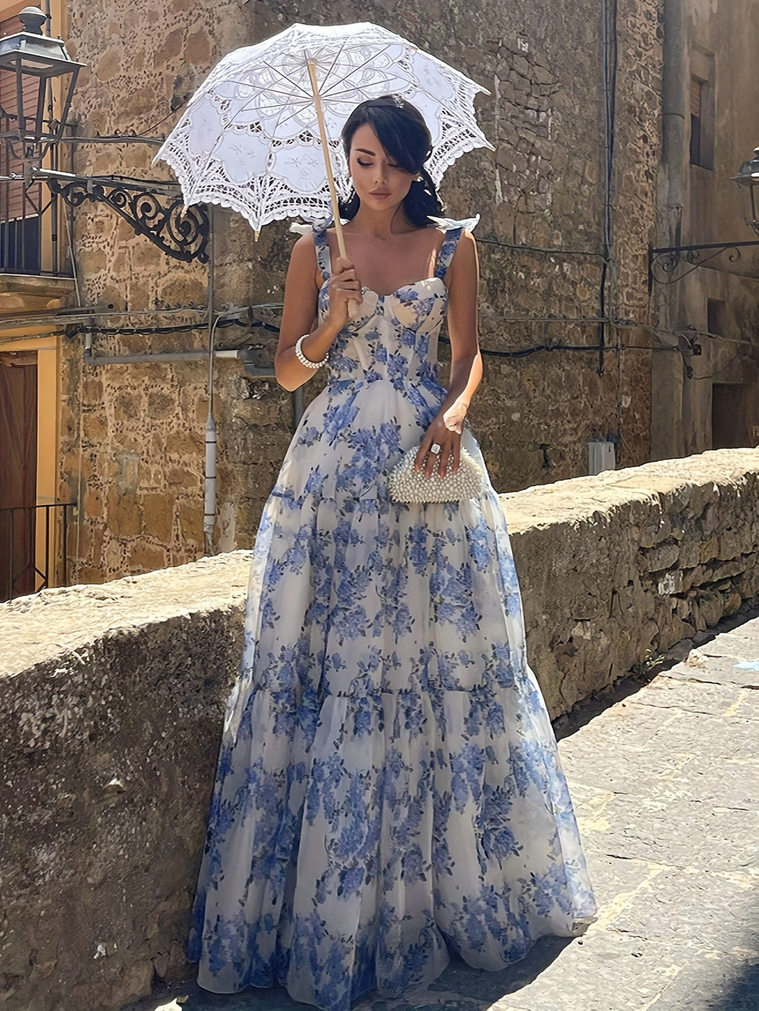 Elegant French Floral Off-Shoulder Long Dress - /MH