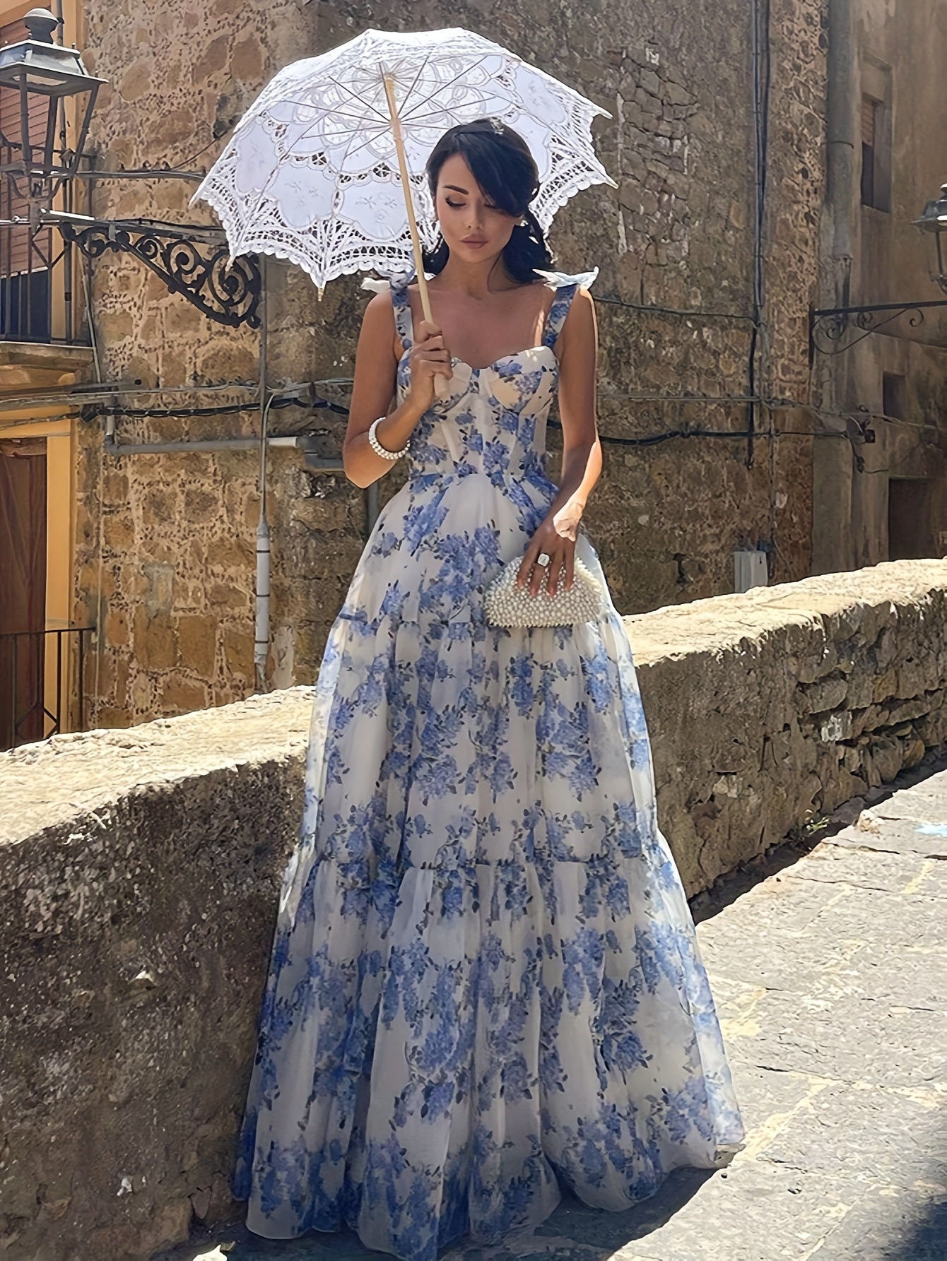 Elegant French Floral Off-Shoulder Long Dress - /MH