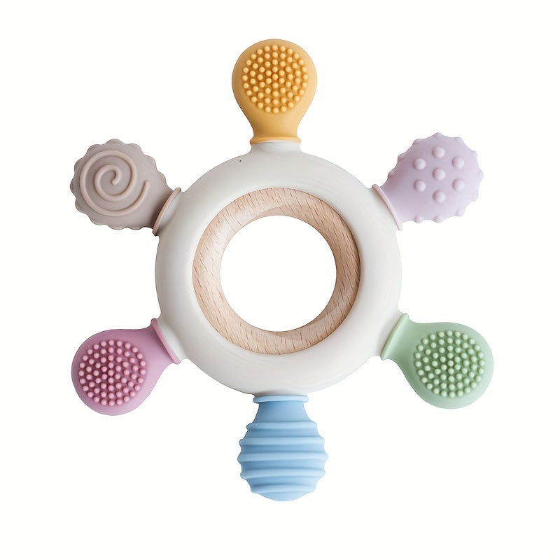 1pc Silicone Baby Teether, Rudder Shape Wooden Teether Ring, Touch Training BPA Free Newborn Chew Toy, Children's Dental Care Teething Toy, Halloween, Thanksgiving And Christmas Gift