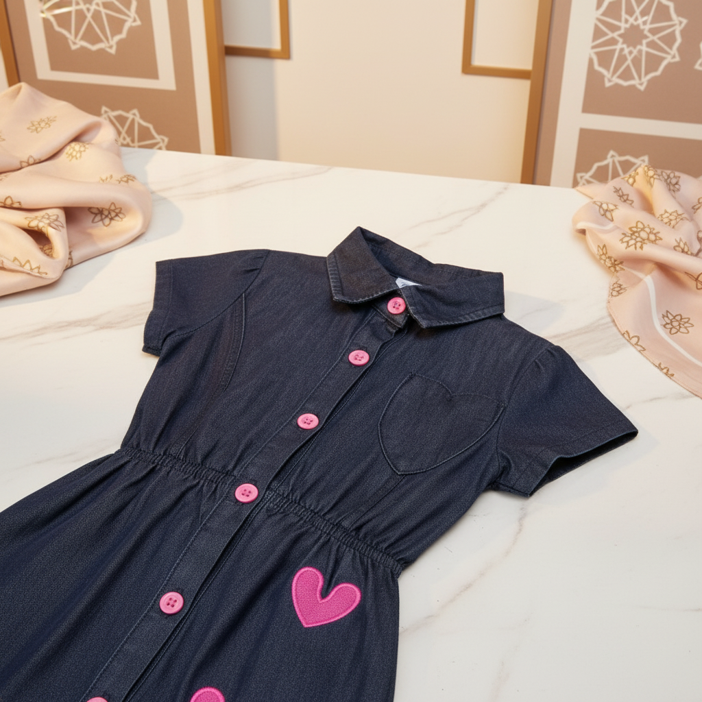 Girls Navy Blue Cap Sleeve Shirt Dress with Button Front & Cute Patch Detail (2–12 Years)