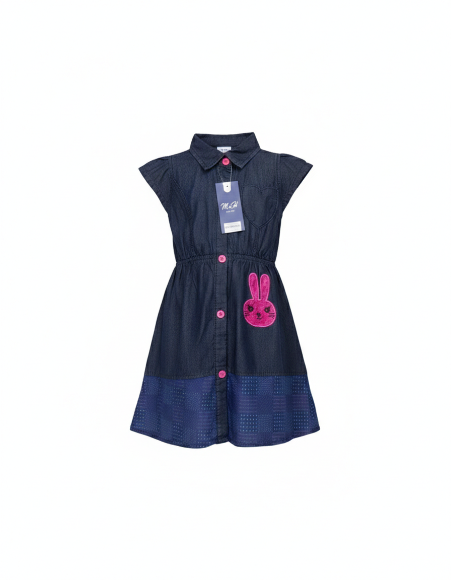 Girls Navy Blue Cap Sleeve Shirt Dress with Button Front & Cute Patch Detail (2–12 Years)