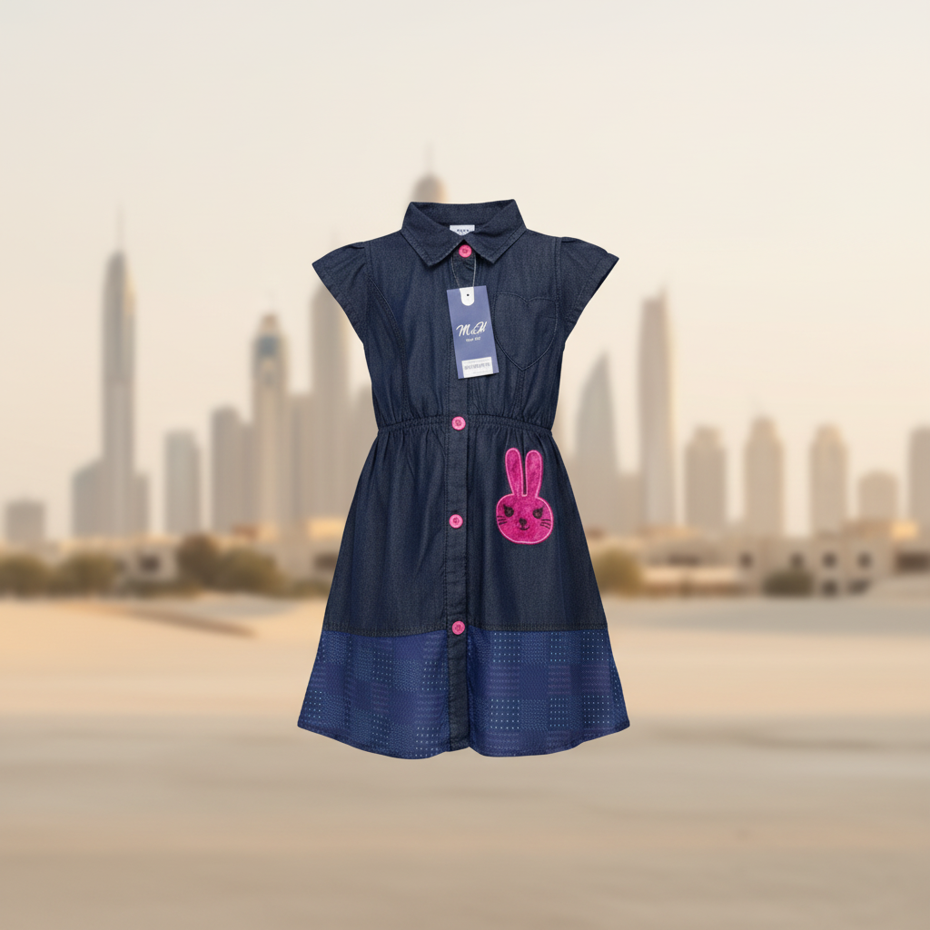 Girls Navy Blue Cap Sleeve Shirt Dress with Button Front & Cute Patch Detail (2–12 Years)