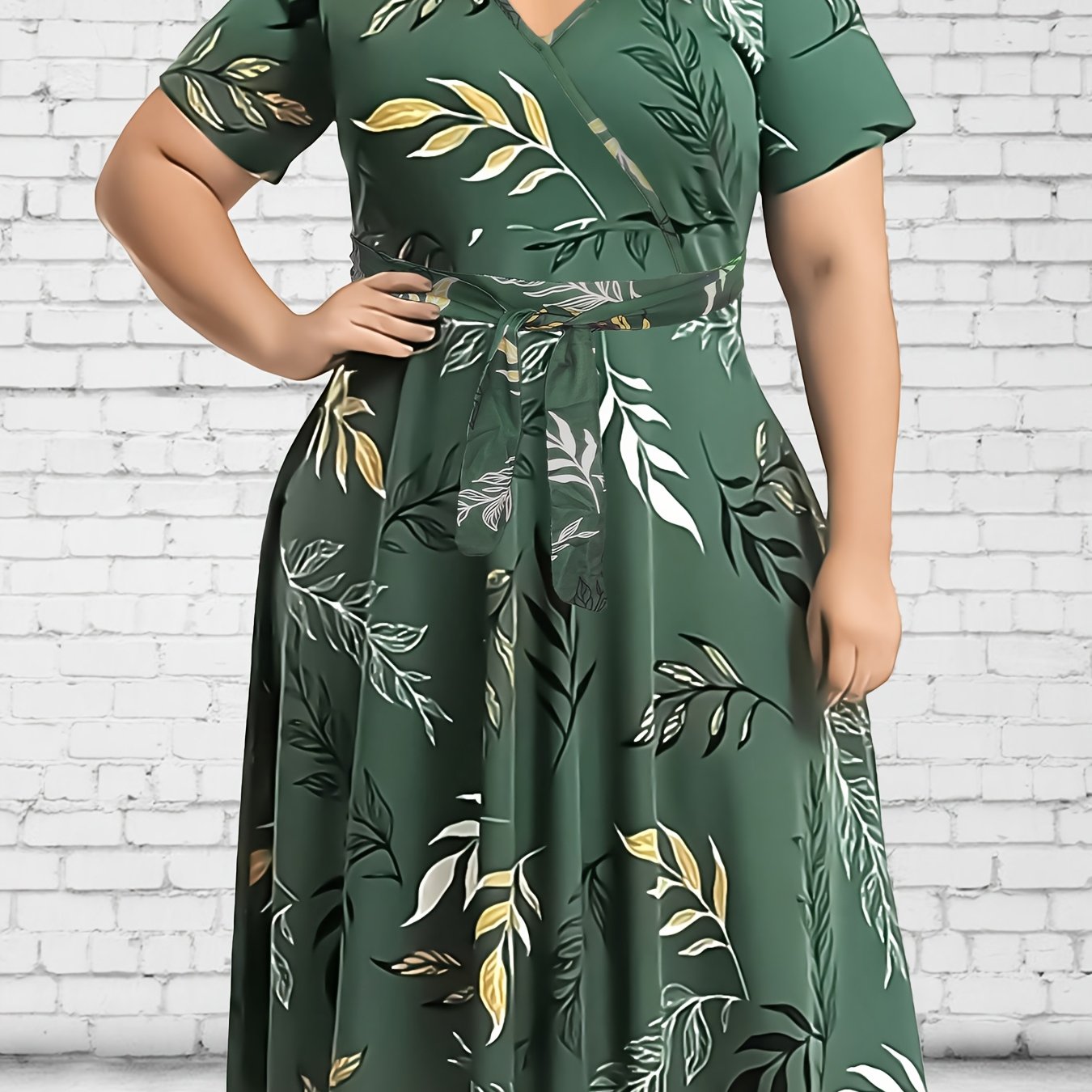 [Plus Size Elegant Dress] Plus Size Elegant Green Leaf Print Midi Dress.MH