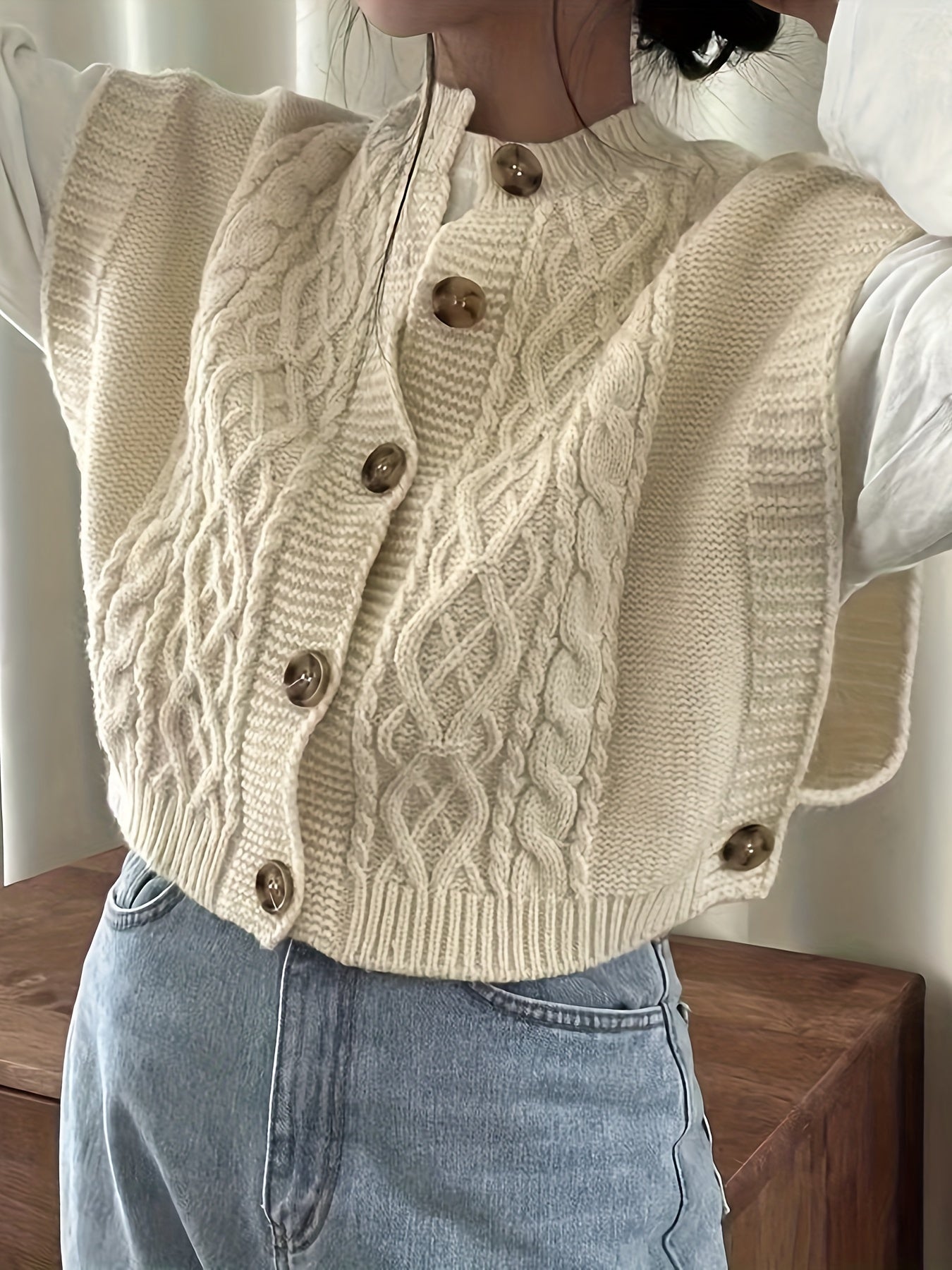 Front Knitted Vest Sweater, Casual Crew Neck Sleeveless Sweater.
