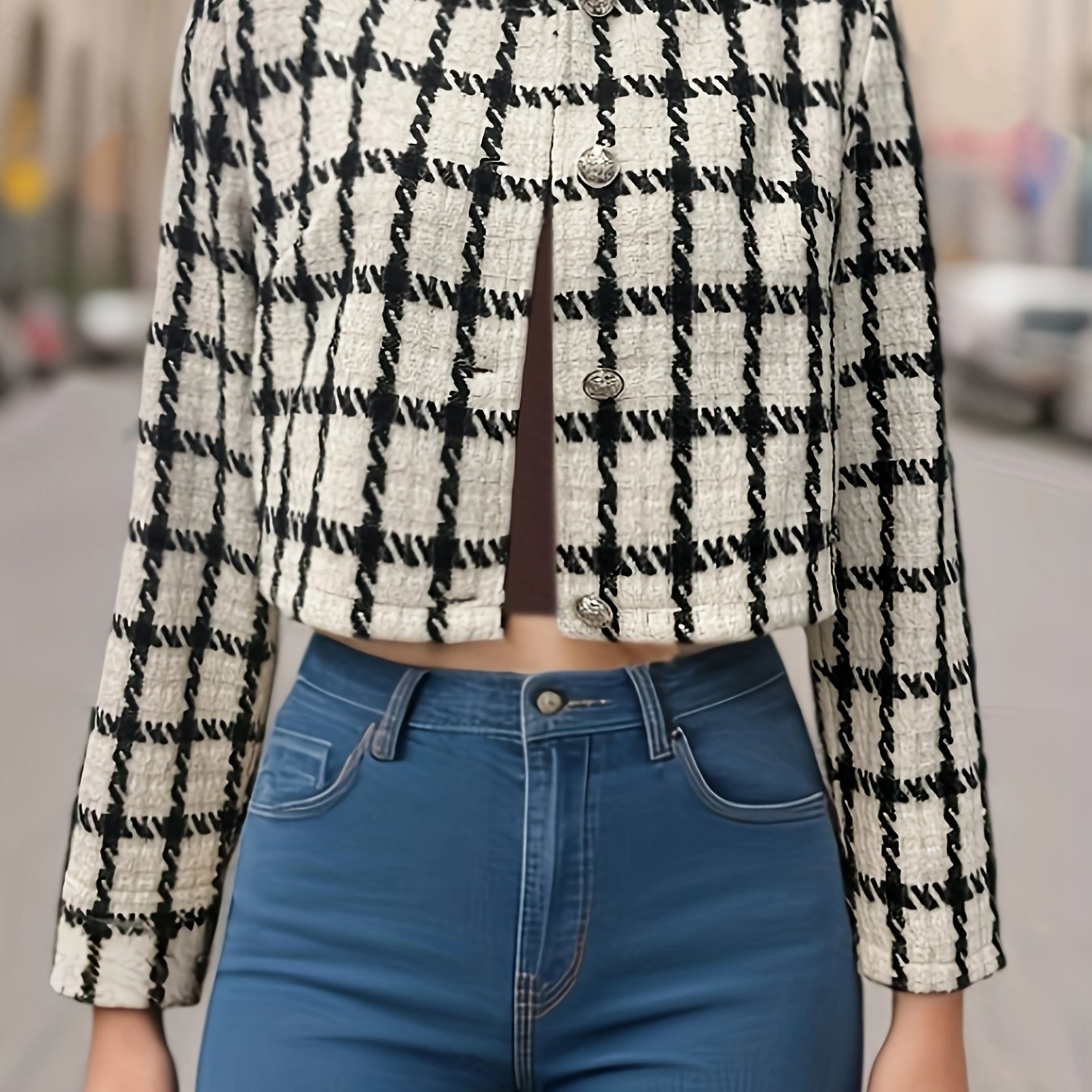 Plaid Print Open Front Blazer, Elegant Long Sleeve Coat For Spring.
