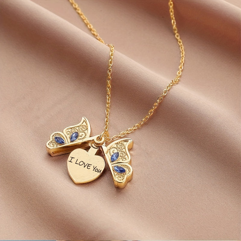 1Pcs Fashion Classic Openable Butterfly Love Lady Pendant Necklace Engraved I Love You Romantic Proposal Valentine's Day Gift Jewelry