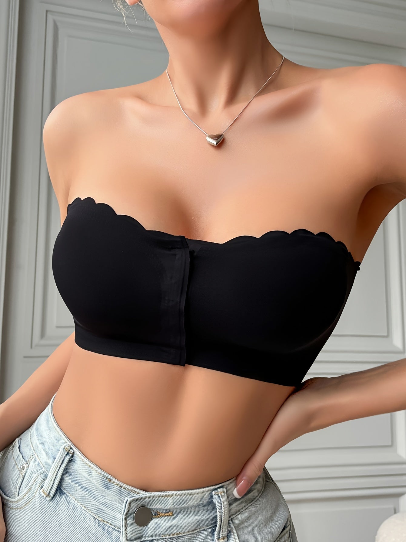 Solid Seamless Strapless Front Closure Wireless Strapless Bra,/MH