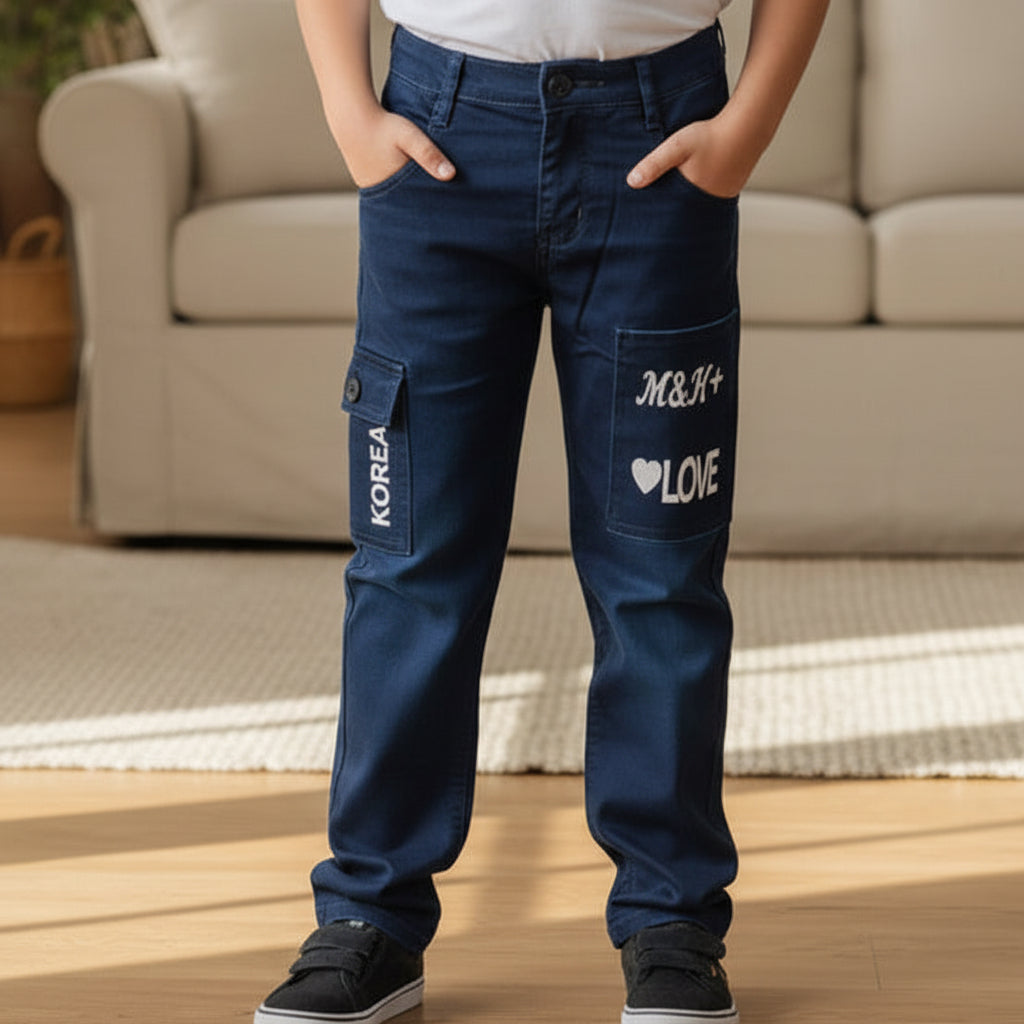 Teen Boys Girls Navy Cargo Jeans 9-16 Years | Stylish Twill Cargo Trousers with Letter Patches (9-16)navy | MH
