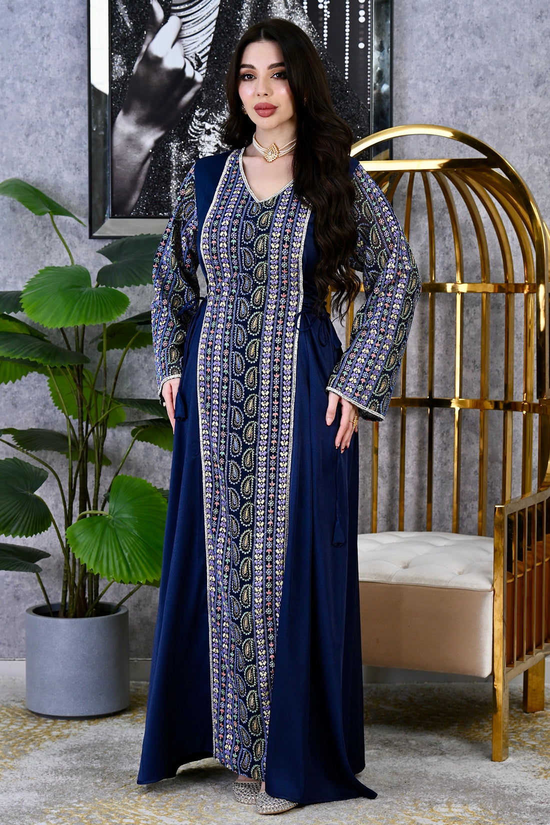 Crystal Panel Crepe Royal Tapestry Embroidered Dress with Adjustable Waist | Modest Evening Wear Dubai Occasion Kaftan | 4 Colors | Sizes F1-F2 | MH