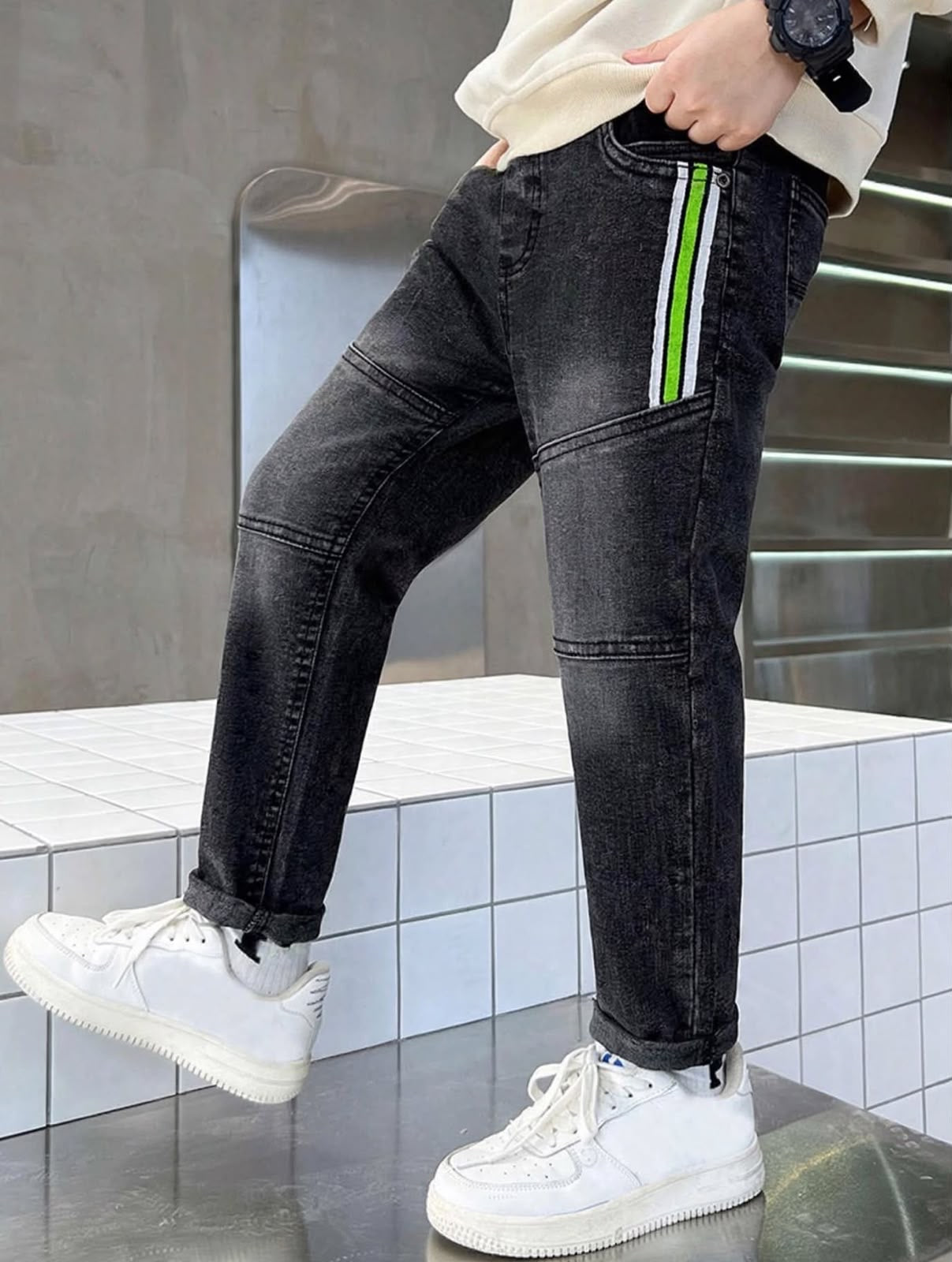 Toddler Boys Black Denim Joggers 1-6 Years | Stylish Casual Jeans with Bright Side Stripes | MH