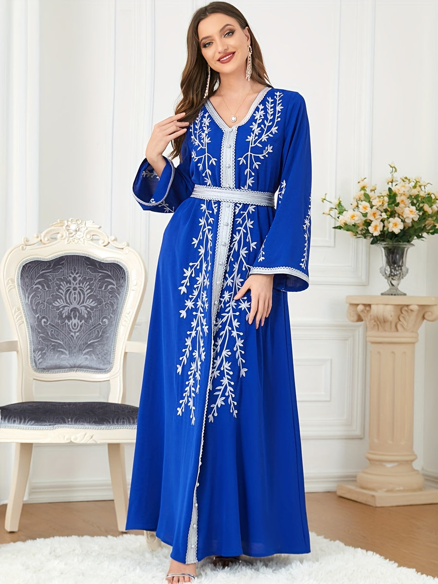 Floral Pattern Kaftan Dress, Elegant V Neck '/MH