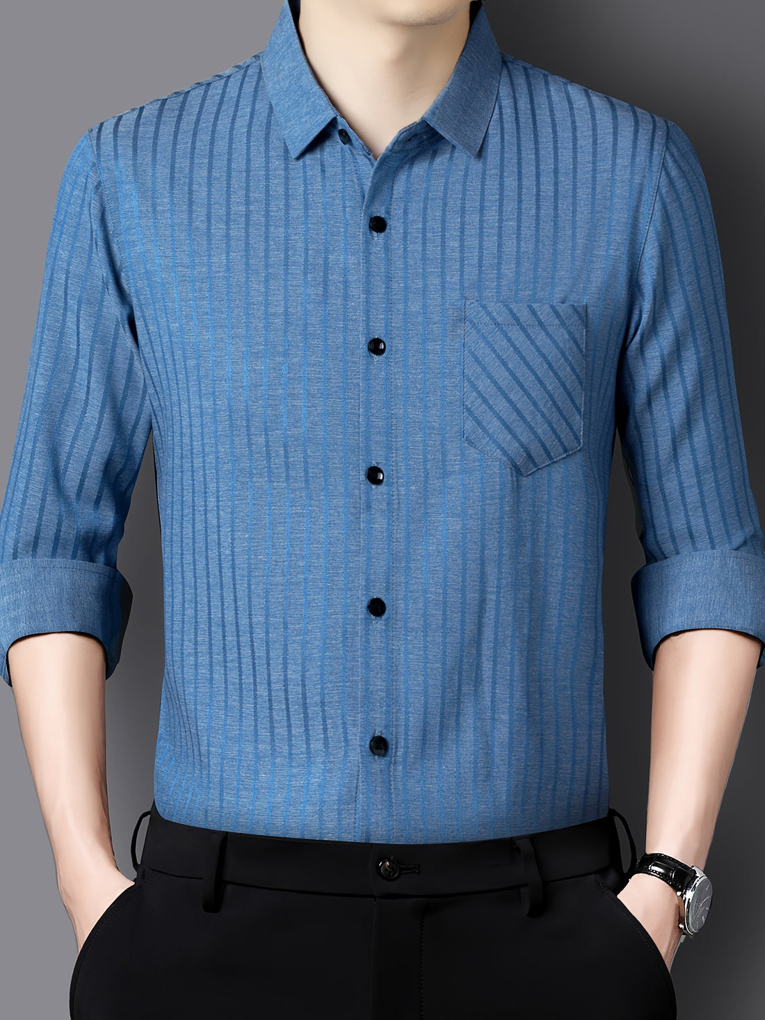 Men's Striped Lapel Collar Design Dress Shirts, Long Sleeve.