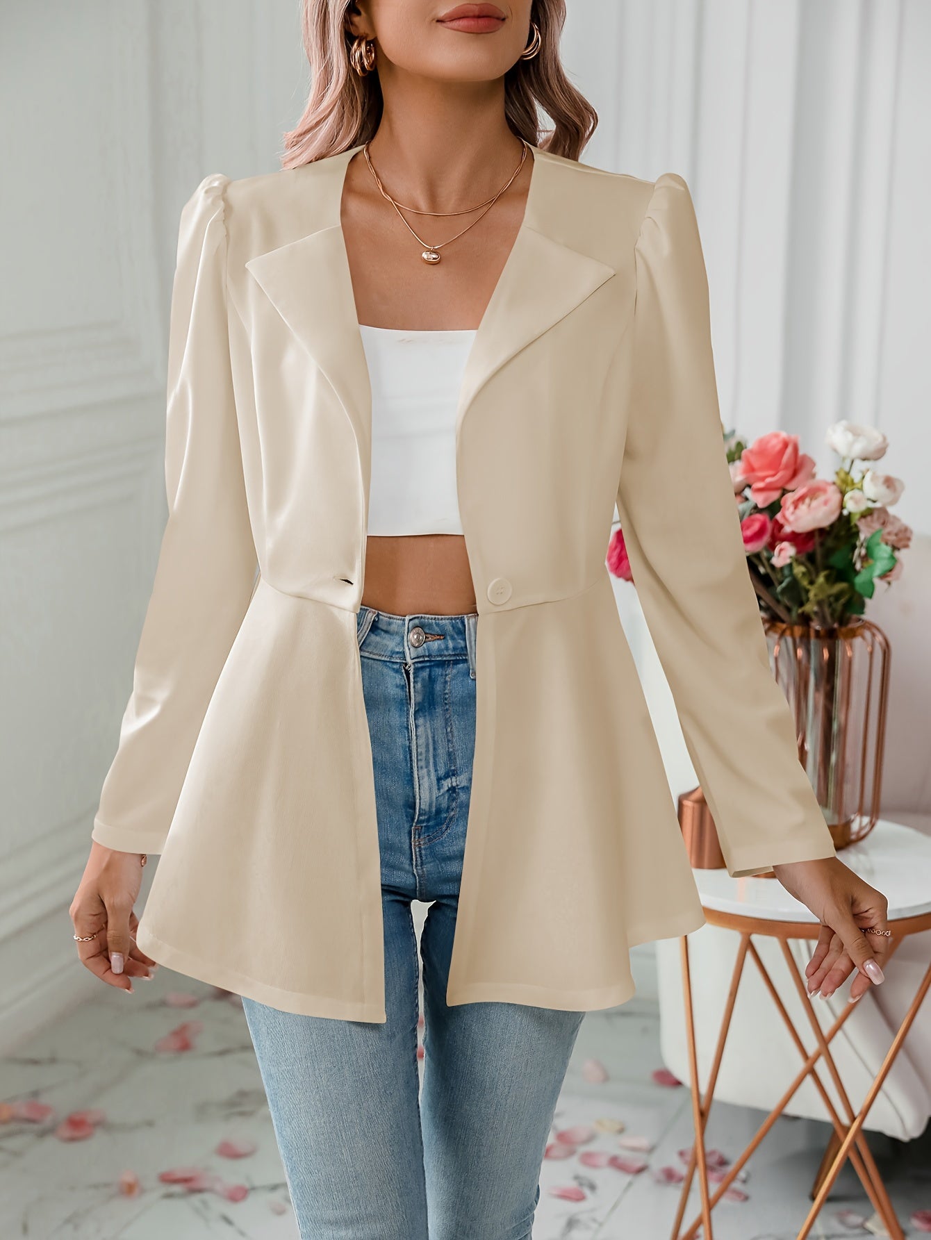 Notched Collar Flare Blazer, Elegant Long Sleeve Button Front Coat,
