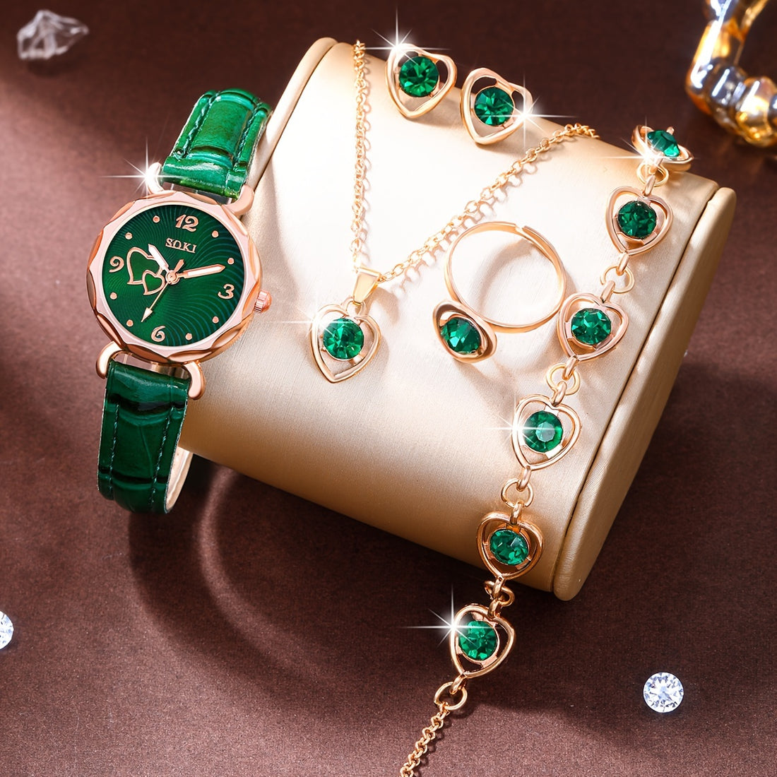 Ladies Watch1pcs Ladies Watch Fashion Casual Peach Heart Dial Quartz Watch and 5pcs Peach Heart Pendant Set Watch for Women, for Spring