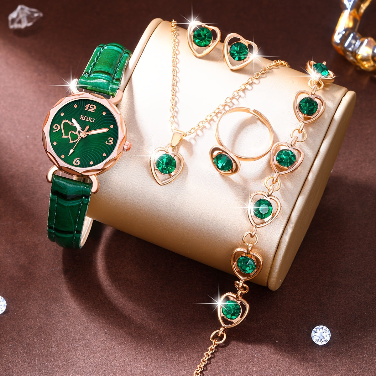 Ladies Watch1pcs Ladies Watch Fashion Casual Peach Heart Dial Quartz Watch and 5pcs Peach Heart Pendant Set Watch for Women, for Spring
