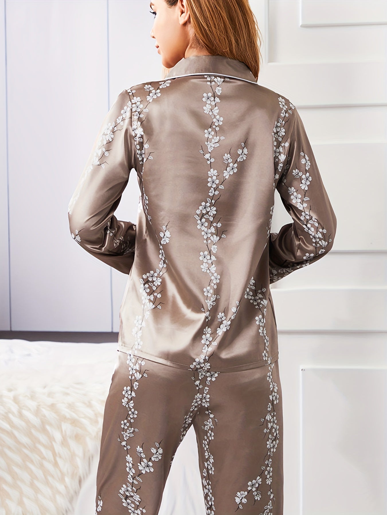 Floral Print Sleep Set, Long Sleeve Button Up Blouse .