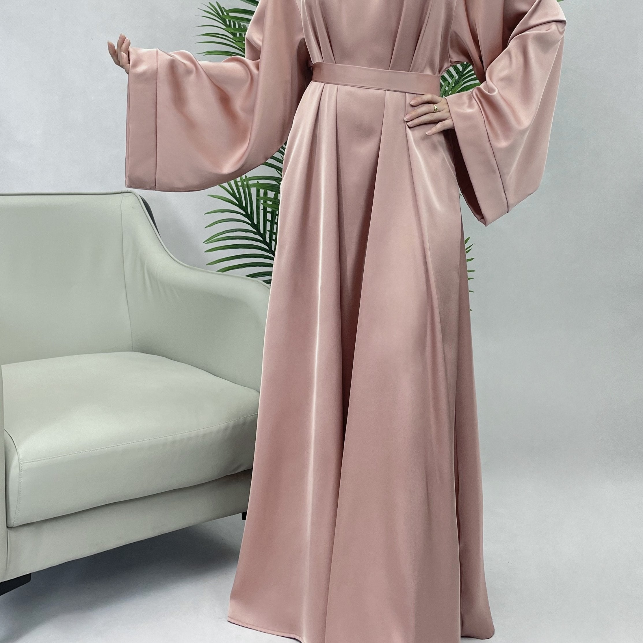 Solid Maxi Kaftan Abaya, Modest Crew Neck Long Sleeve ./MH