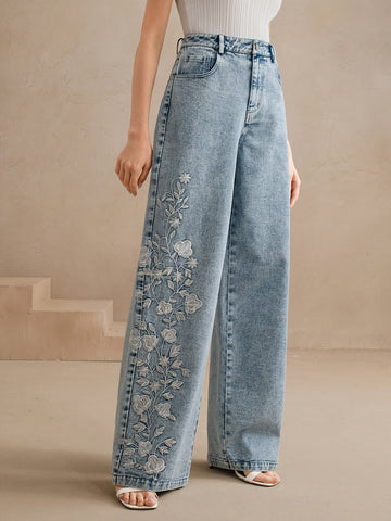 AW25 Women'S High-Waist Embroidered Floral Wide-Leg Jeans -/MH
