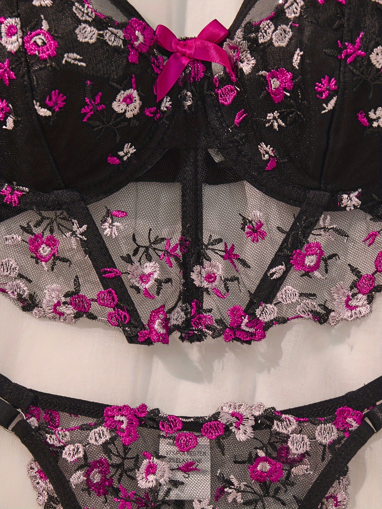 Sexy Lingerie Set, Floral Embroidery Mesh Semi Sheer Cami Bra & Panties, /MH