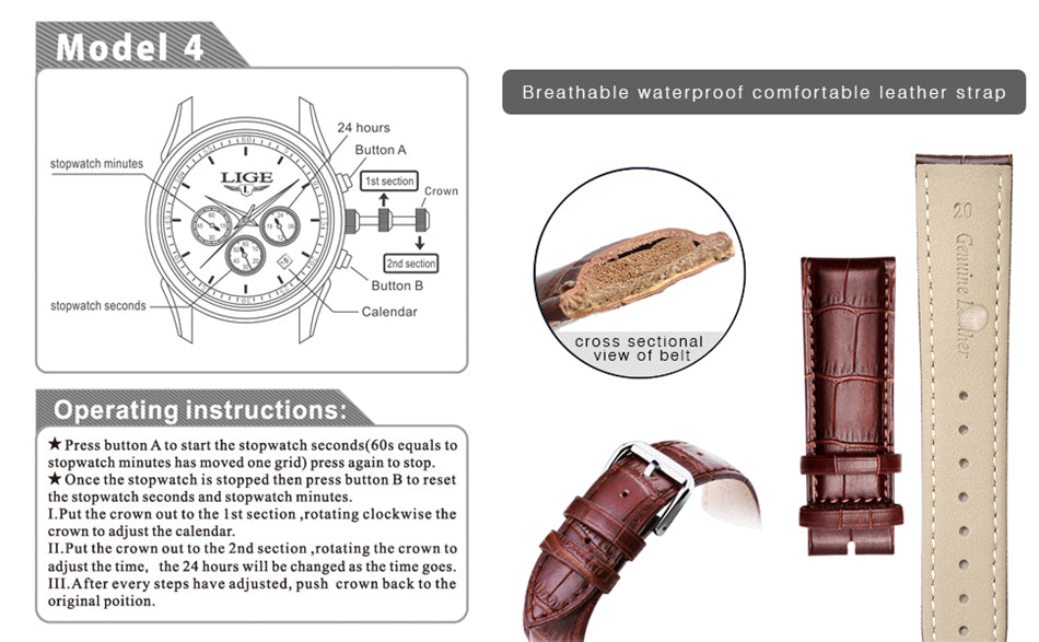 Watches Mens  LIGE Top Brand Luxury Casual Faux Leather Quartz Men's