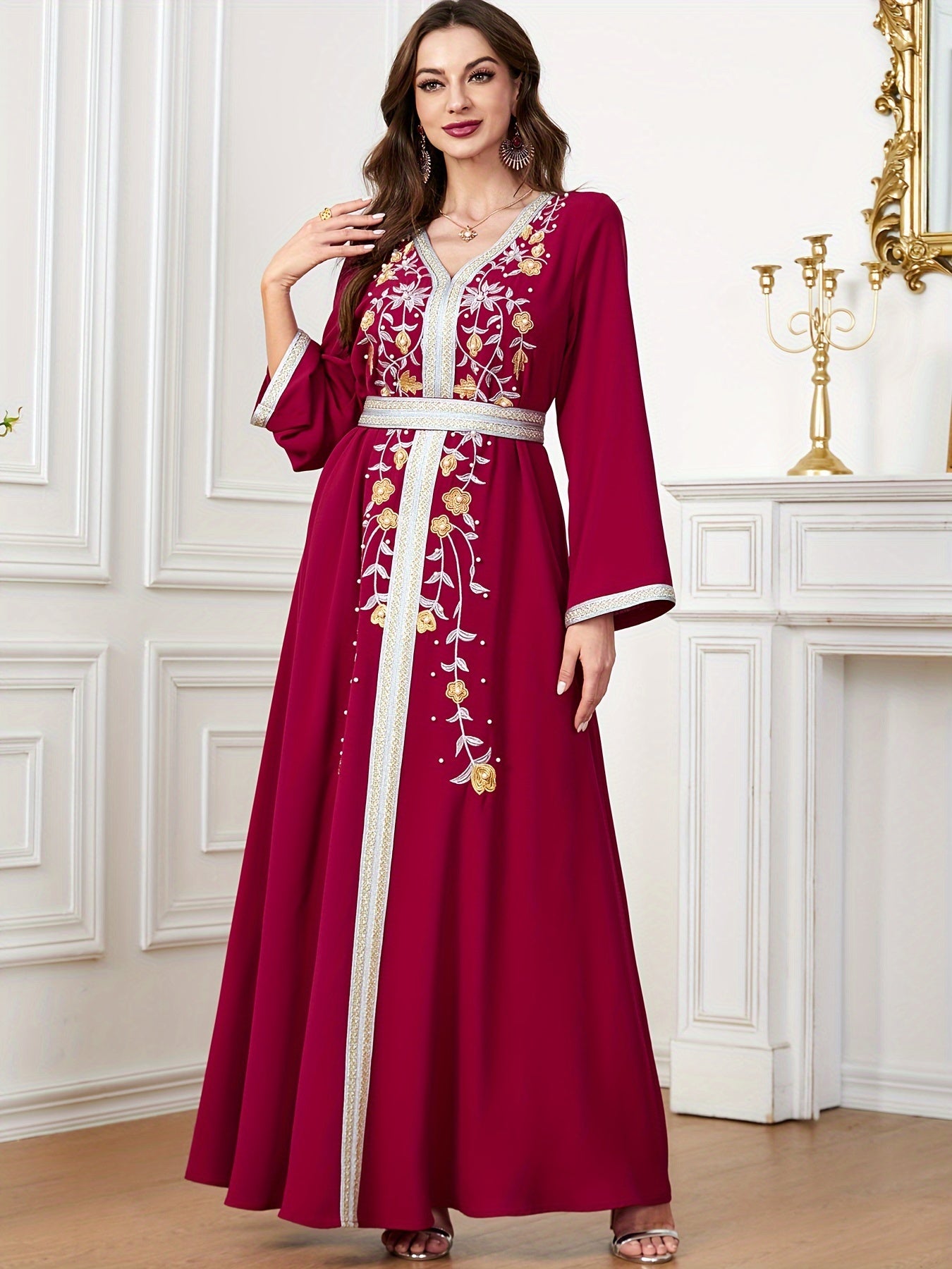 Ramadan Beaded Floral Pattern Kaftan, Elegant Long Sleeve 'MH